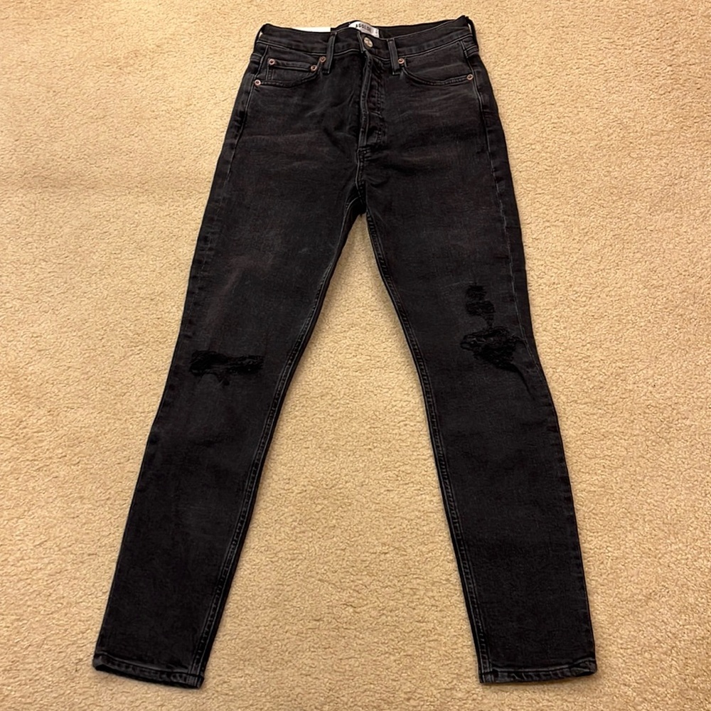 AGolde black skinny jeans button fly with rips. Size 26 new with tags